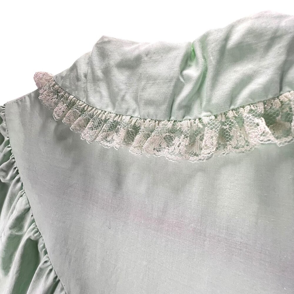 Vtg Lisanne Mint Green Button Down Housecoat Robe Lace Collar Pockets Cotton SS - Picture 14 of 16